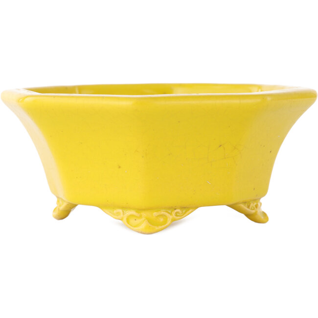 Octagonal yellow craquelé bonsai pot by Shozan - 130 x 130 x 57 mm