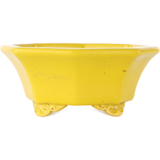 Pot à bonsaï octogonal craquelé jaune de Shozan - 130 x 130 x 57 mm