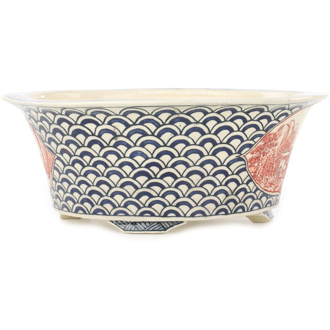 Ronde, veelkleurige bonsaipot van Echizen - 190 x 190 x 73 mm