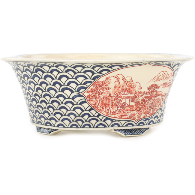 Ronde, veelkleurige bonsaipot van Echizen - 190 x 190 x 73 mm