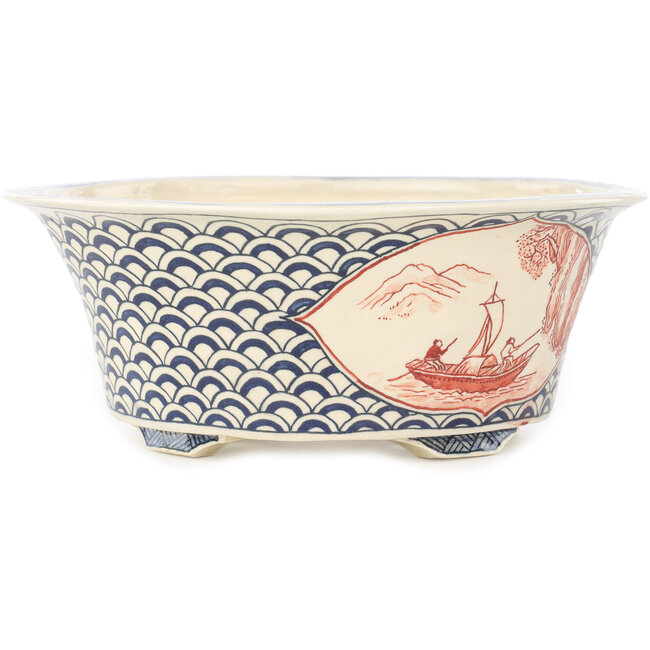 Ronde, veelkleurige bonsaipot van Echizen - 190 x 190 x 73 mm