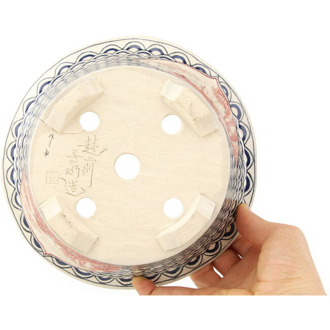 Ronde, veelkleurige bonsaipot van Echizen - 190 x 190 x 73 mm