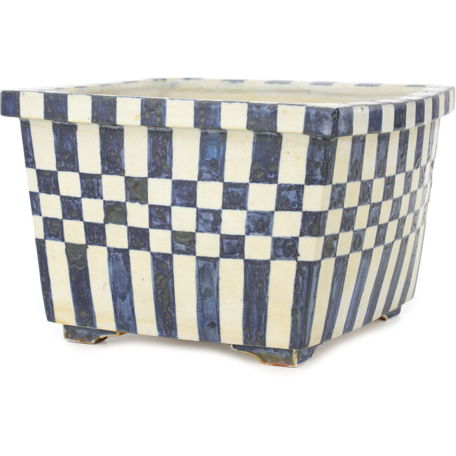 Pot à bonsaï carré blanc et bleu par Echizen - 187 x 165 x 117 mm