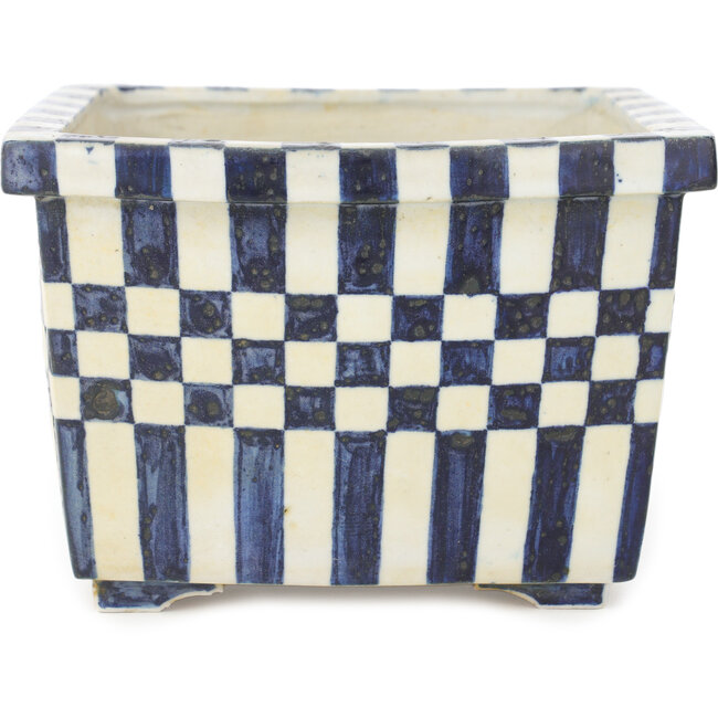 Vierkante witte en blauwe bonsaipot van Echizen - 187 x 165 x 117 mm