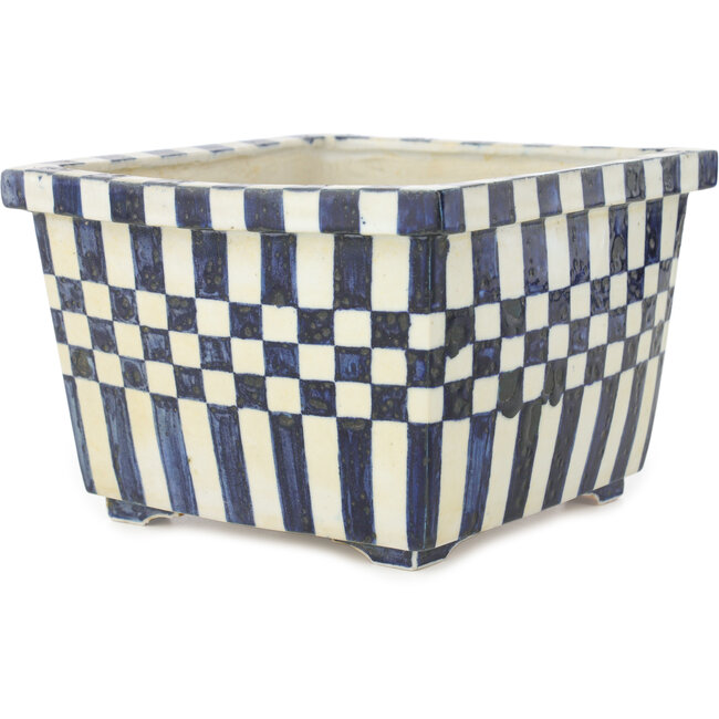 Square white and blue bonsai pot by Echizen - 187 x 165 x 117 mm