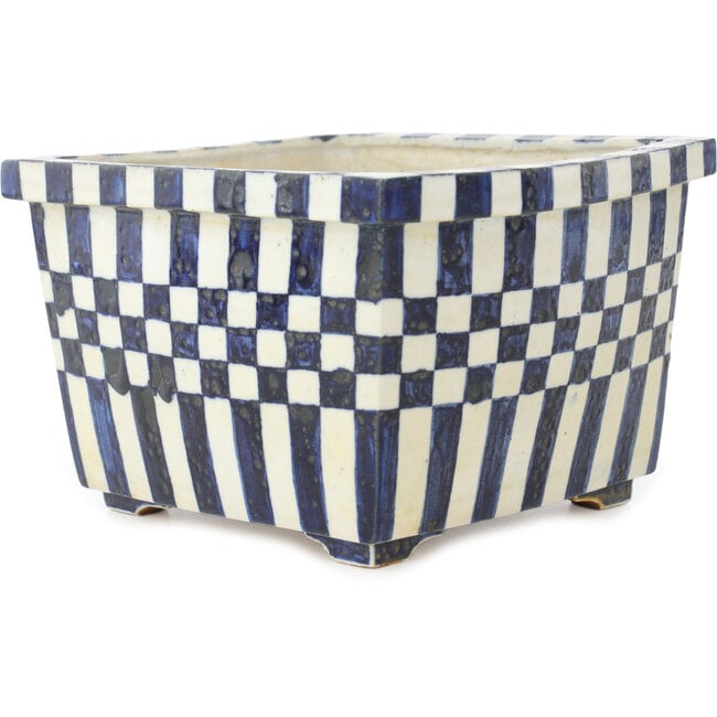 Pot à bonsaï carré blanc et bleu par Echizen - 187 x 165 x 117 mm