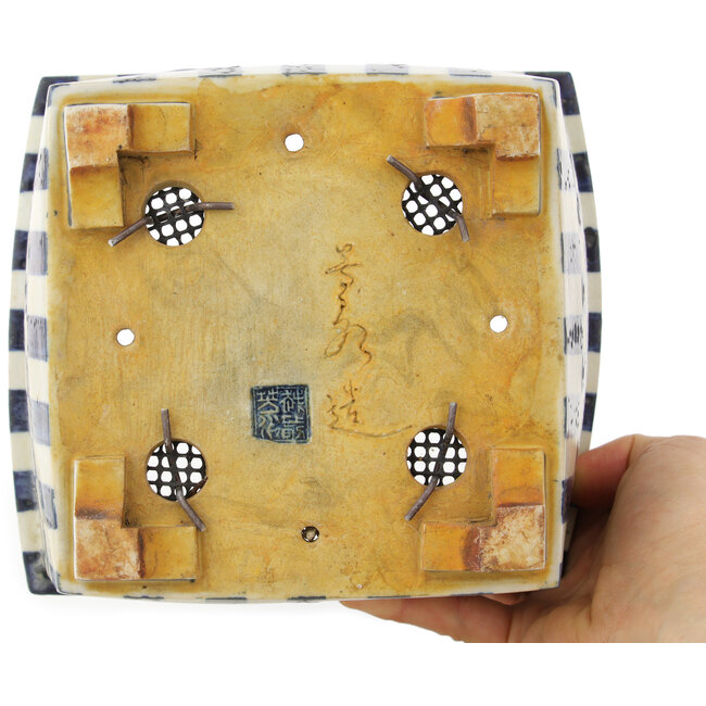 Square white and blue bonsai pot by Echizen - 187 x 165 x 117 mm