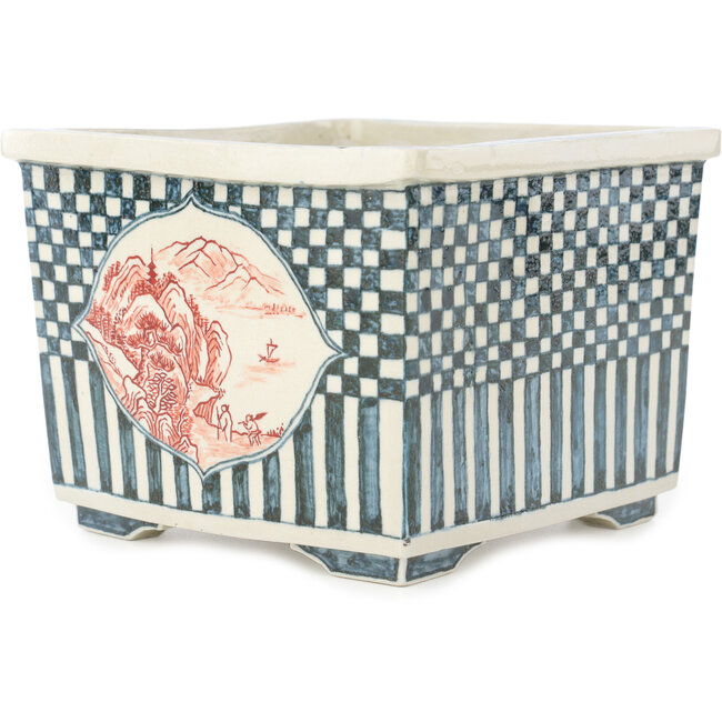 Square multicolor bonsai pot by Echizen - 135 x 130 x 100 mm