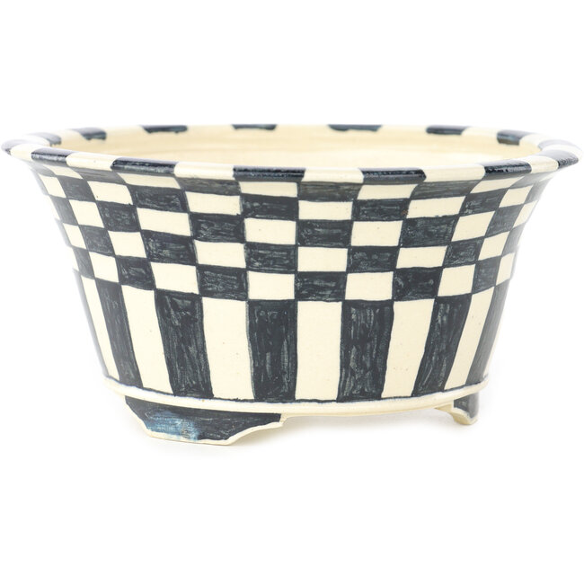 Round white and blue bonsai pot by Echizen - 140 x 140 x 65 mm