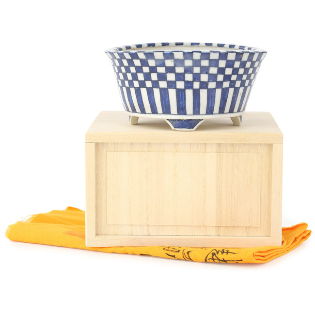 Maceta para bonsái redonda de color blanco y azul de Echizen - 110 x 110 x 52 mm