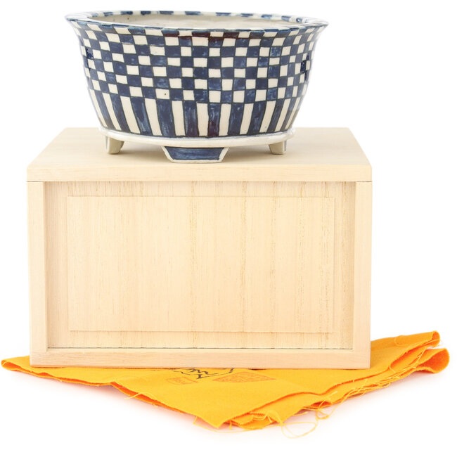 Runder weiß-blauer Bonsai-Topf von Echizen - 105 x 105 x 52 mm