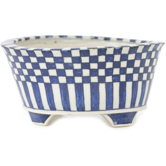 Ronde witte en blauwe bonsaipot van Echizen - 110 x 110 x 52 mm