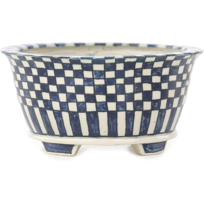 Ronde witte en blauwe bonsaipot van Echizen - 105 x 105 x 52 mm