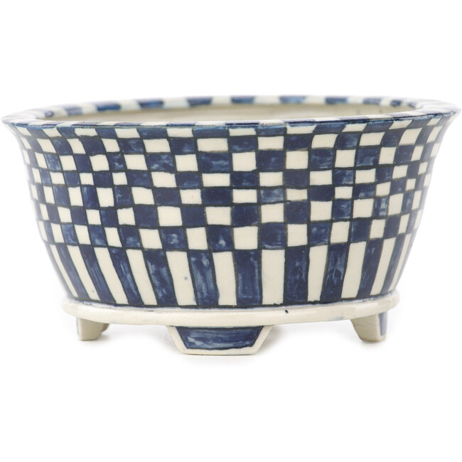 Ronde witte en blauwe bonsaipot van Echizen - 105 x 105 x 52 mm