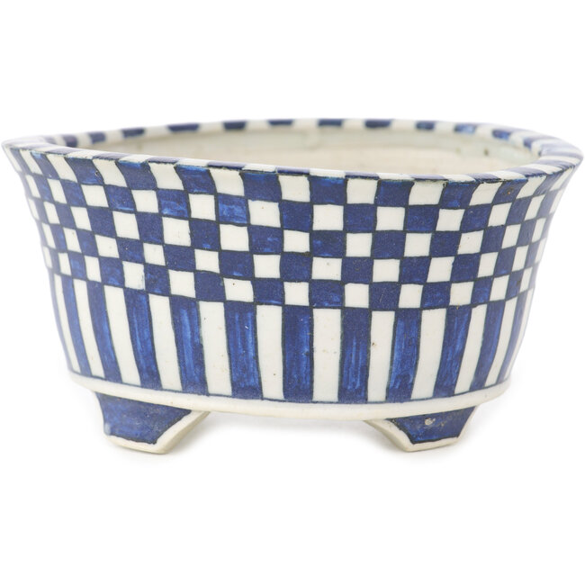 Round white and blue bonsai pot by Echizen - 110 x 110 x 52 mm