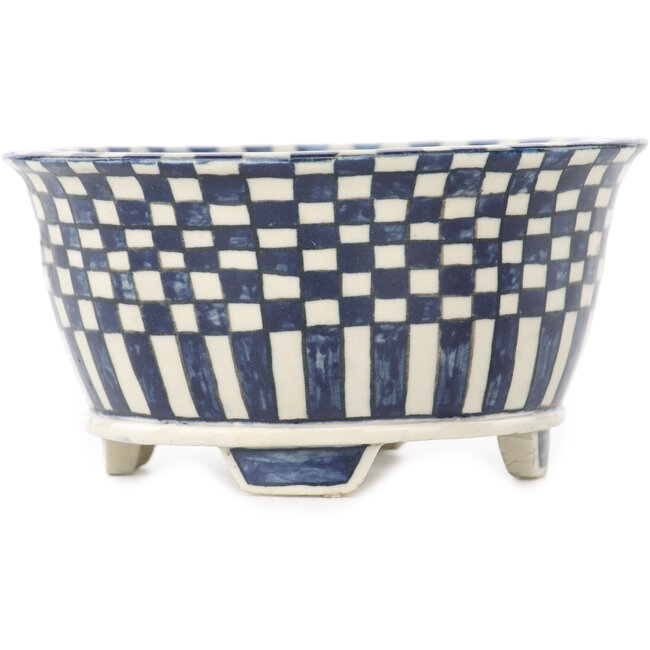 Pot à bonsaï rond blanc et bleu par Echizen - 105 x 105 x 52 mm
