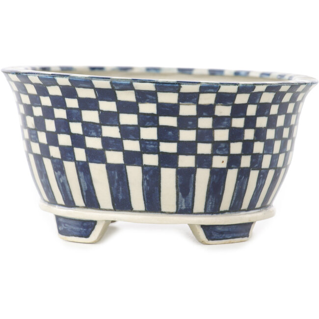 Round white and blue bonsai pot by Echizen - 105 x 105 x 52 mm