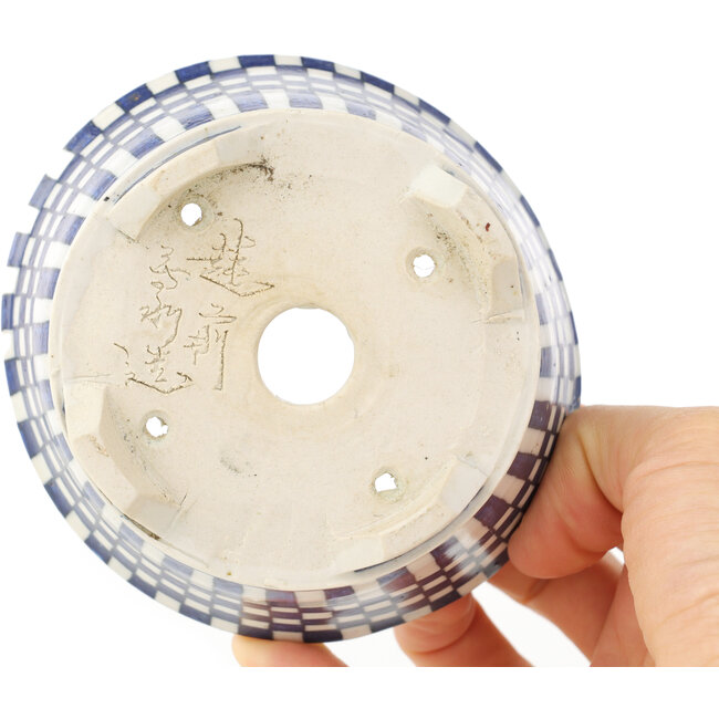 Ronde witte en blauwe bonsaipot van Echizen - 110 x 110 x 52 mm