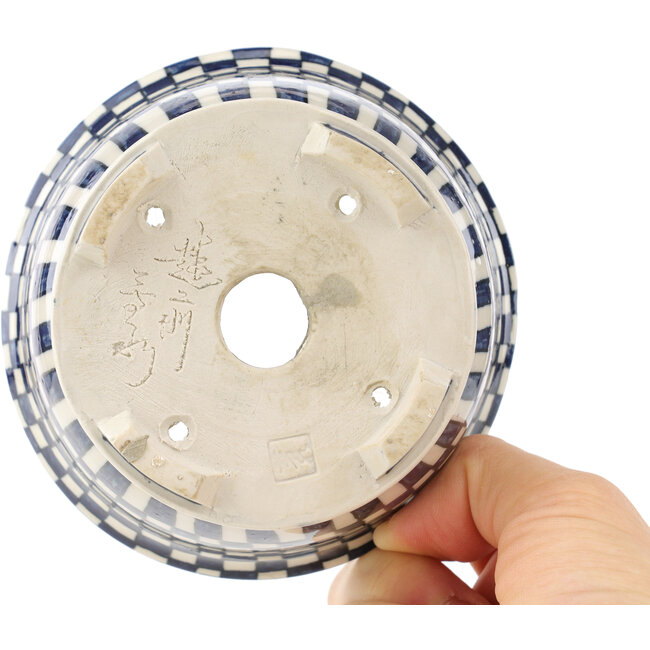 Pot à bonsaï rond blanc et bleu par Echizen - 105 x 105 x 52 mm