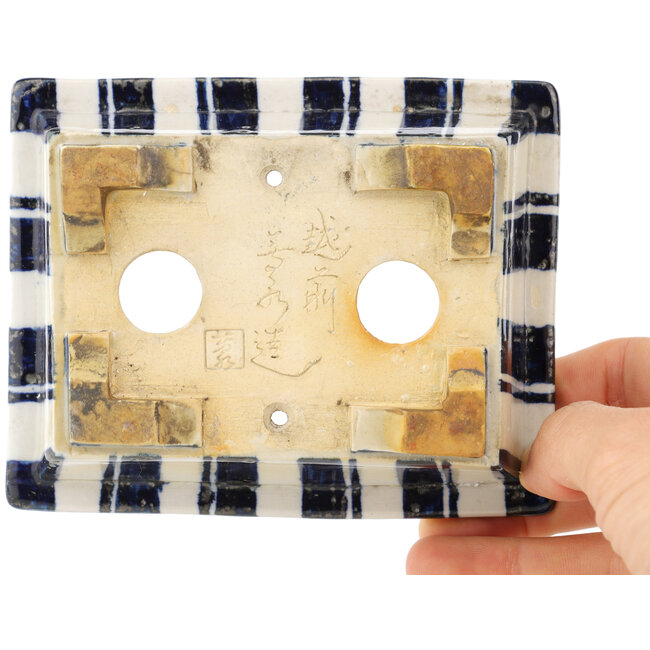 Rectangular white and blue bonsai pot by Echizen - 120 x 95 x 40 mm