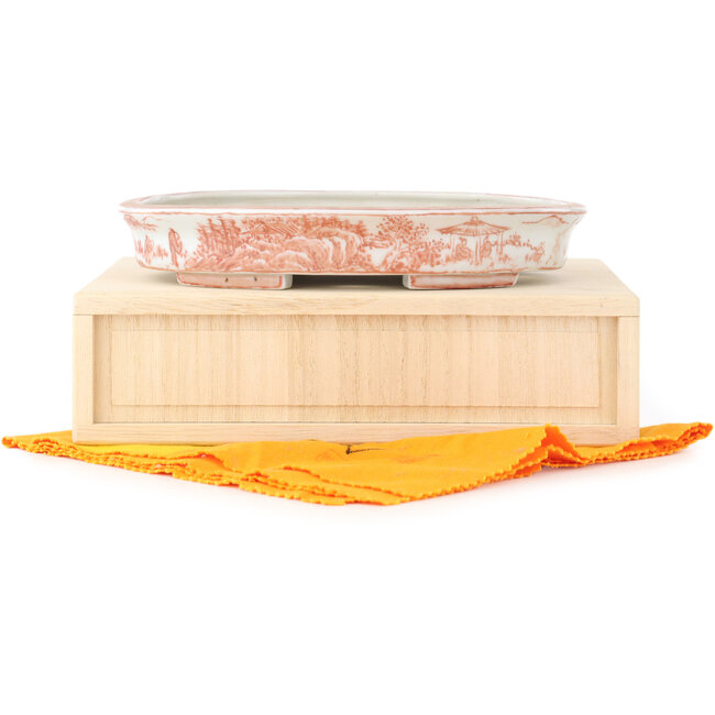 Maceta ovalada para bonsái de color blanco y rojo de Echizen - 190 x 160 x 30 mm