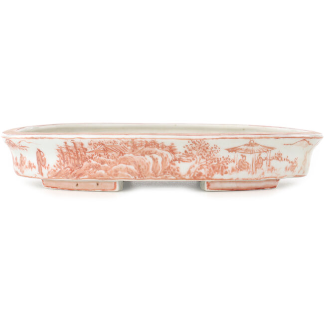 Ovale witte en rode bonsai pot van Echizen - 190 x 160 x 30 mm