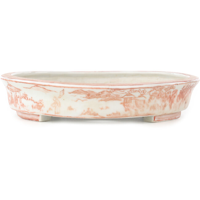 Oval white and red  bonsai pot by Echizen - 190 x 160 x 30 mm