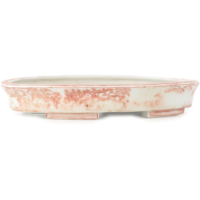 Ovale witte en rode bonsai pot van Echizen - 190 x 160 x 30 mm