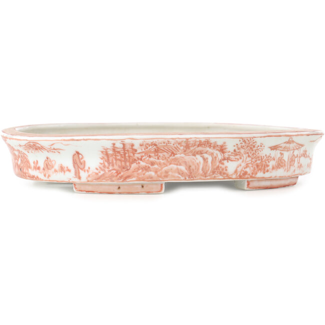 Ovale witte en rode bonsai pot van Echizen - 190 x 160 x 30 mm