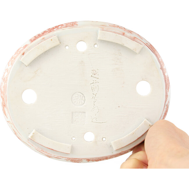 Oval white and red  bonsai pot by Echizen - 190 x 160 x 30 mm
