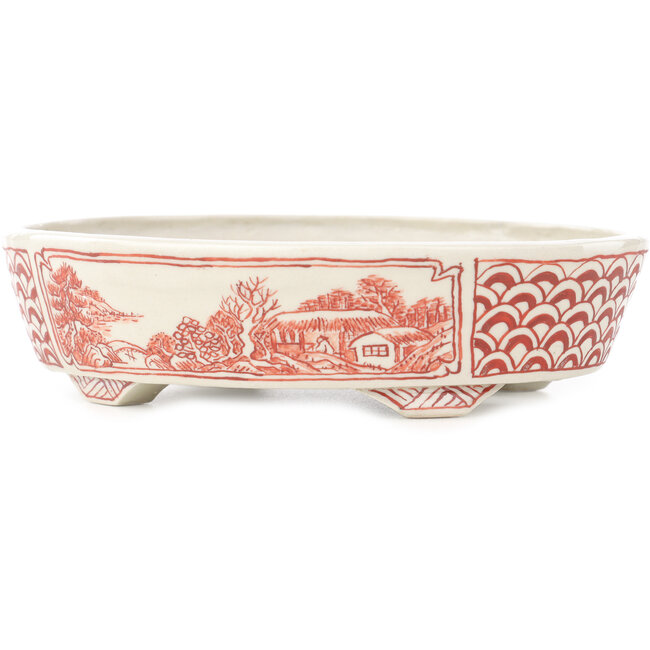 Oval white and red  bonsai pot by Echizen - 150 x 125 x 40 mm
