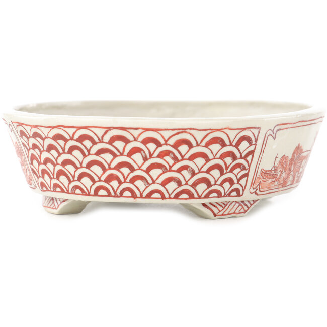 Oval white and red  bonsai pot by Echizen - 150 x 125 x 40 mm