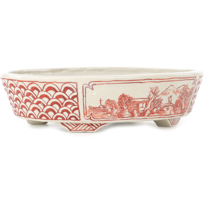 Ovale witte en rode bonsai pot van Echizen - 150 x 125 x 40 mm