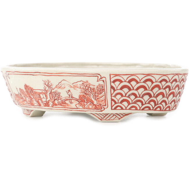 Pot à bonsaï ovale blanc et rouge par Echizen - 150 x 125 x 40 mm