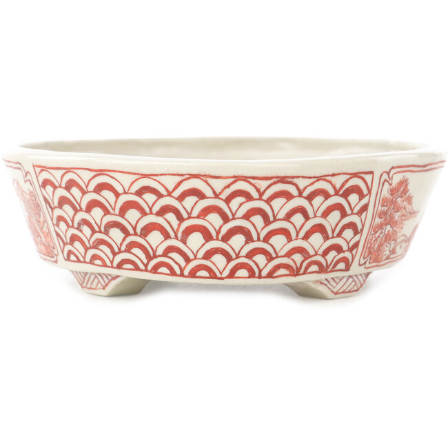 Maceta ovalada para bonsái de color blanco y rojo de Echizen - 150 x 125 x 40 mm