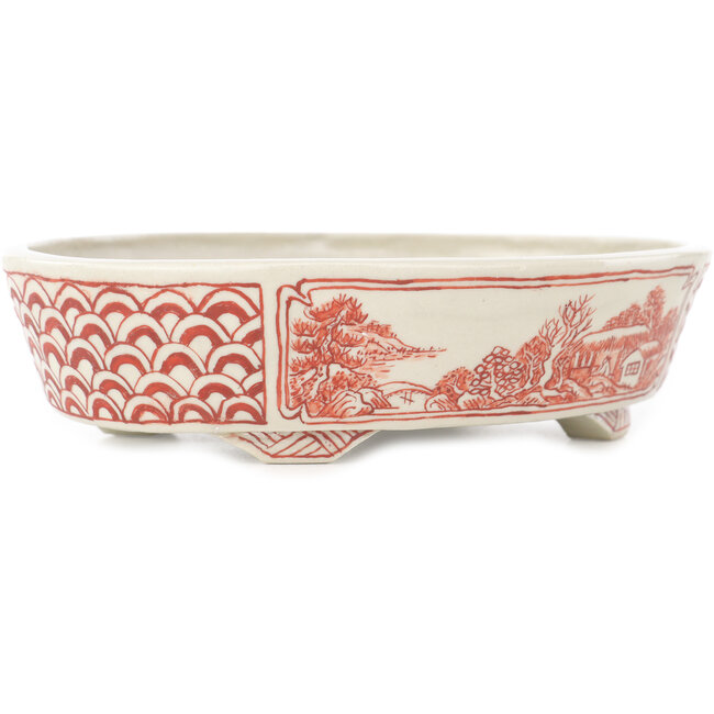 Ovale witte en rode bonsai pot van Echizen - 150 x 125 x 40 mm