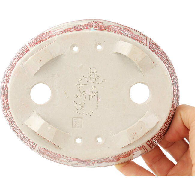 Ovale witte en rode bonsai pot van Echizen - 150 x 125 x 40 mm