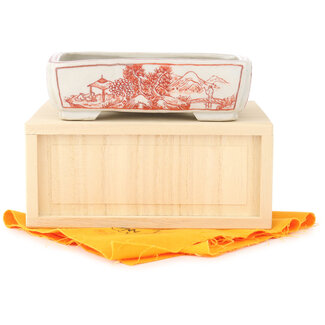  Echizen Hosui 115 mm rectangular white and red  bonsai pot by Echizen, Japan
