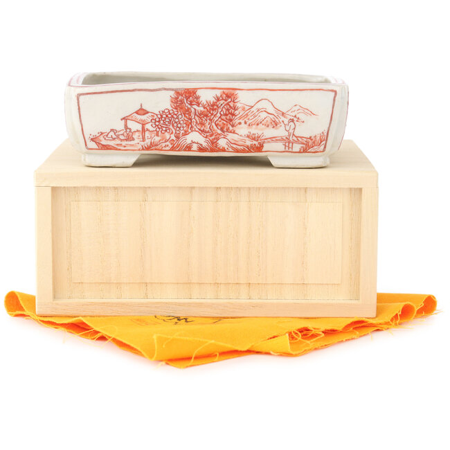 Rechteckiger weiß-roter Bonsai-Topf von Echizen - 115 x 90 x 35 mm