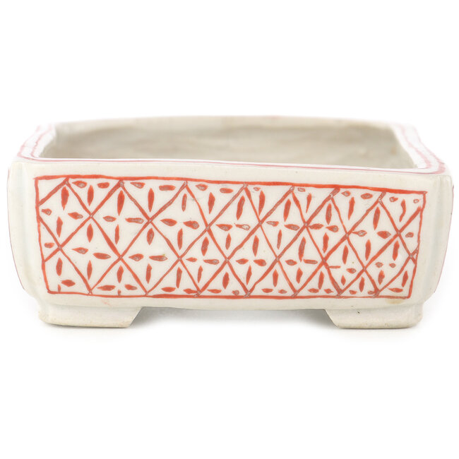 Rectangular white and red  bonsai pot by Echizen - 115 x 90 x 35 mm