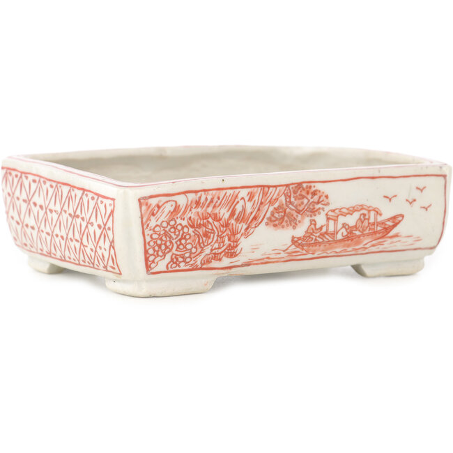 Rectangular white and red  bonsai pot by Echizen - 115 x 90 x 35 mm