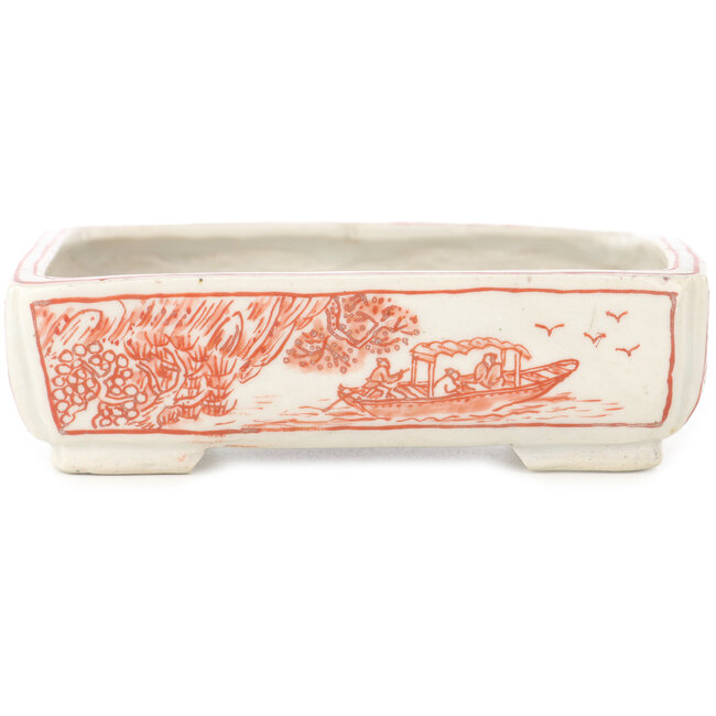 Pot à bonsaï rectangulaire blanc et rouge par Echizen - 115 x 90 x 35 mm
