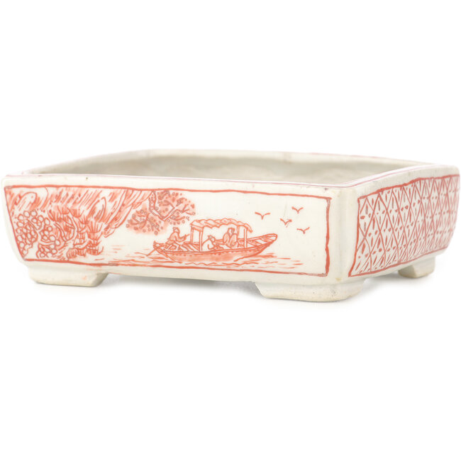 Vaso bonsai rettangolare bianco e rosso di Echizen - 115 x 90 x 35 mm
