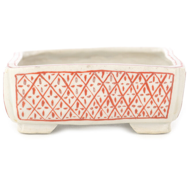 Rectangular white and red  bonsai pot by Echizen - 115 x 90 x 35 mm