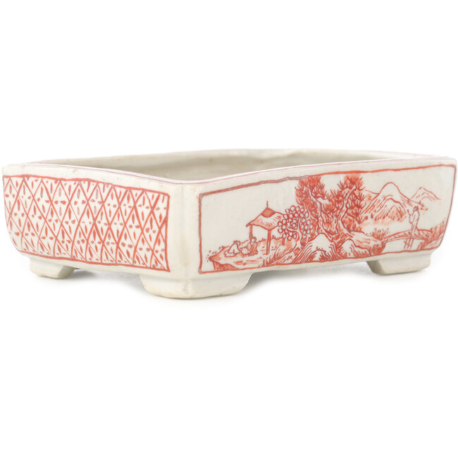 Pot à bonsaï rectangulaire blanc et rouge par Echizen - 115 x 90 x 35 mm