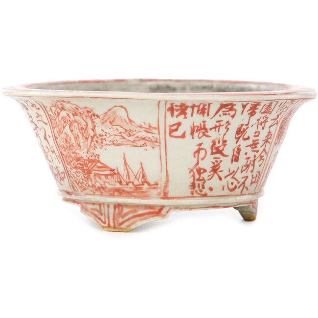 Round white and red  bonsai pot by Echizen - 112 x 112 x 50 mm