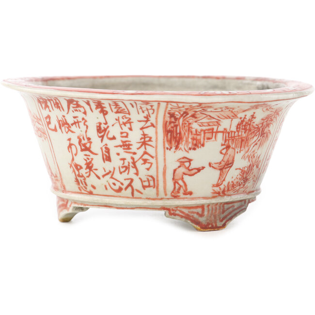 Vaso bonsai rotondo bianco e rosso di Echizen - 112 x 112 x 50 mm