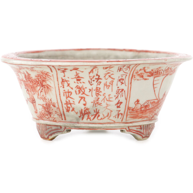 Vaso bonsai rotondo bianco e rosso di Echizen - 112 x 112 x 50 mm