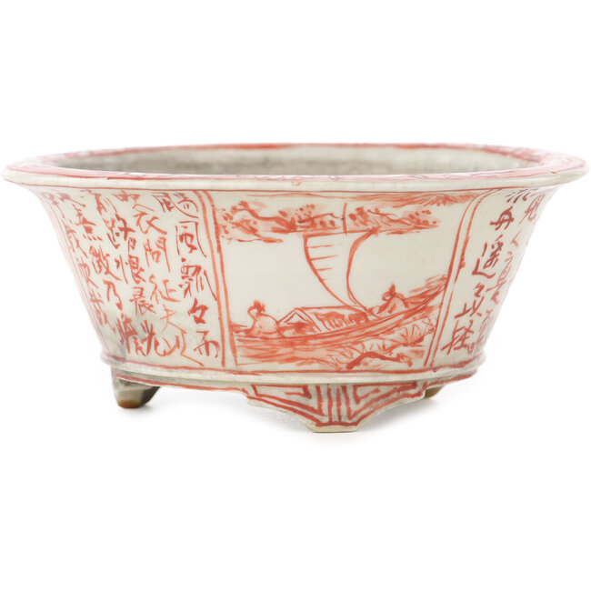 Pot à bonsaï rond blanc et rouge par Echizen - 112 x 112 x 50 mm