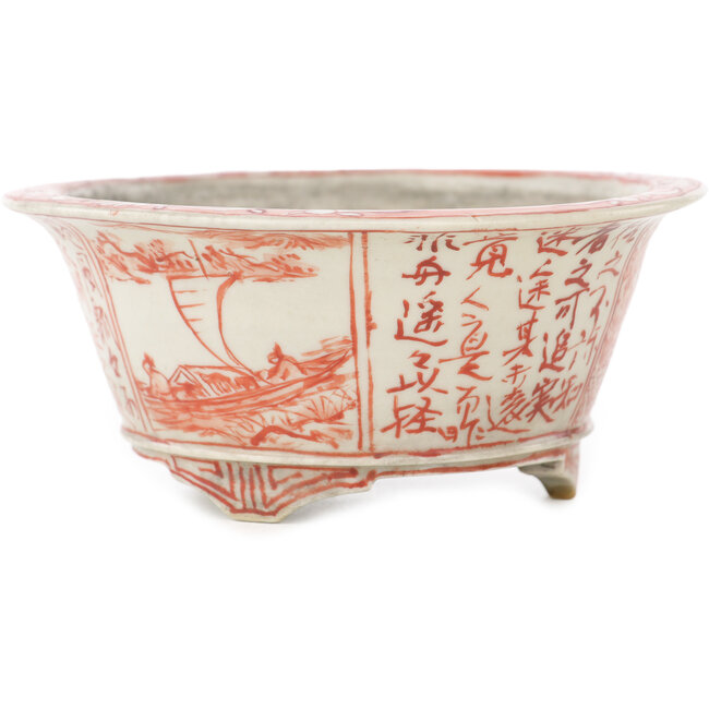 Vaso bonsai rotondo bianco e rosso di Echizen - 112 x 112 x 50 mm